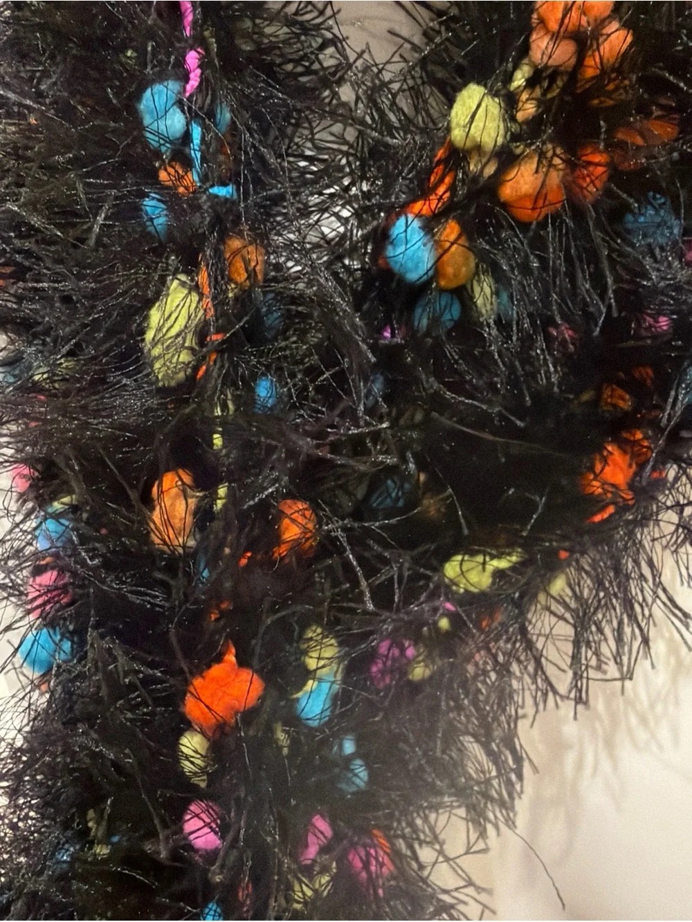 Fuzzy Black Eyelash Scarf with Multicolor Pom Accents - Women's Accessory Y2K